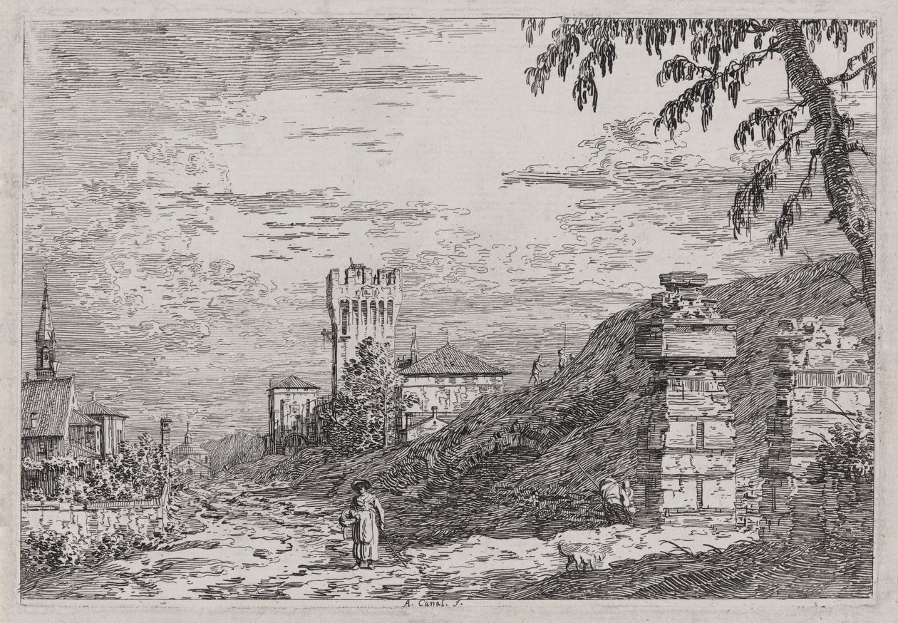 Paisaje con torre y dos pilares en ruinas, de la serie Vedute (Vistas) de Canaletto (Giovanni Antonio Canal)
