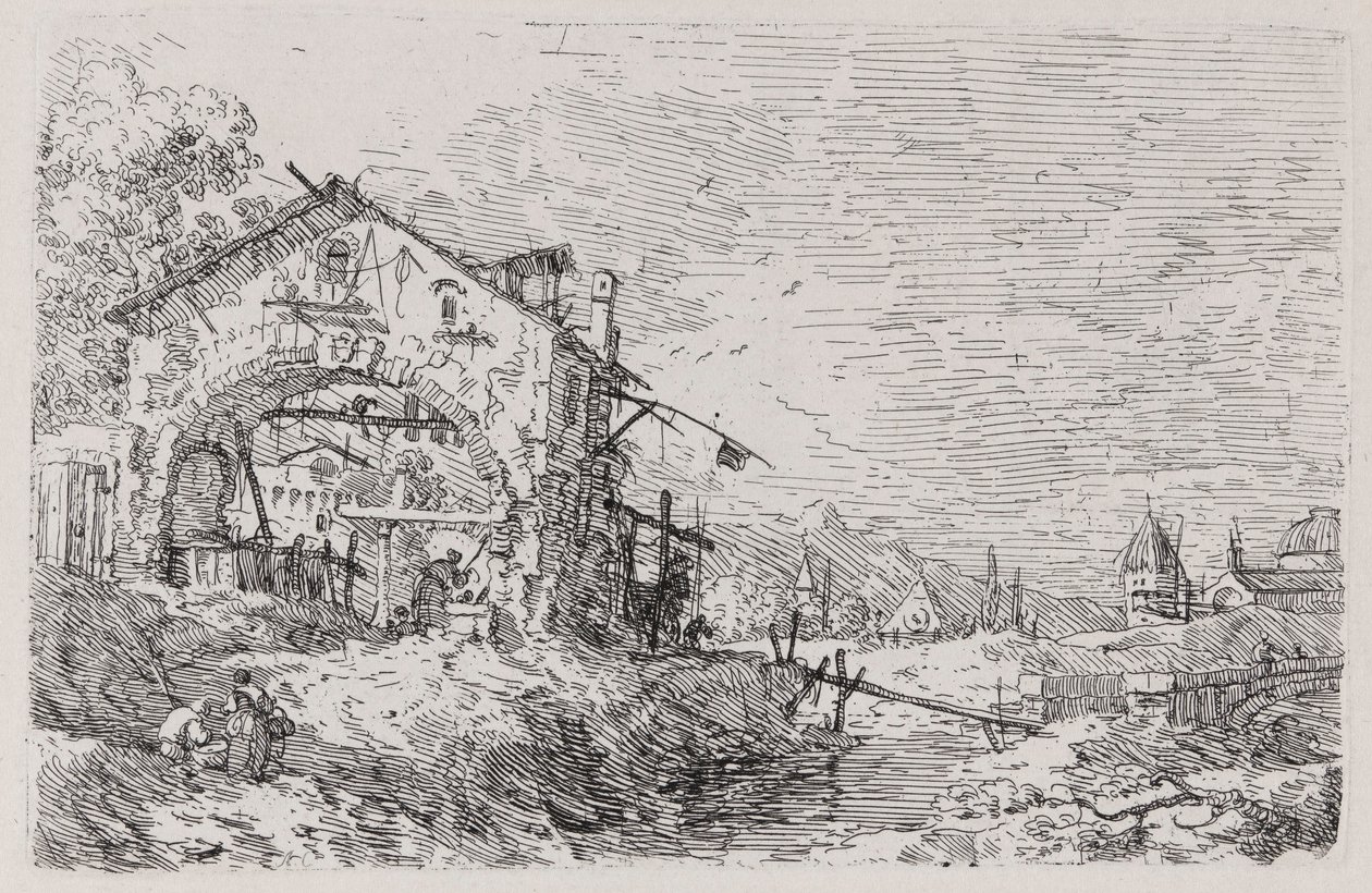 Paisaje con mujer junto a un pozo, de la serie Vedute (Vistas) de Canaletto (Giovanni Antonio Canal)