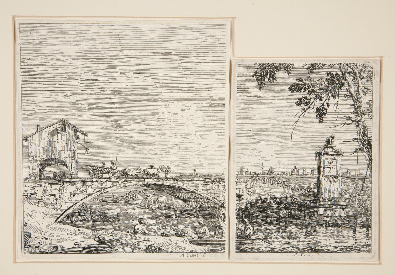 El vagón que pasa por un puente [y] El pequeño monumento (bajo un árbol), de la serie Vedute (Vistas) de Canaletto (Giovanni Antonio Canal)