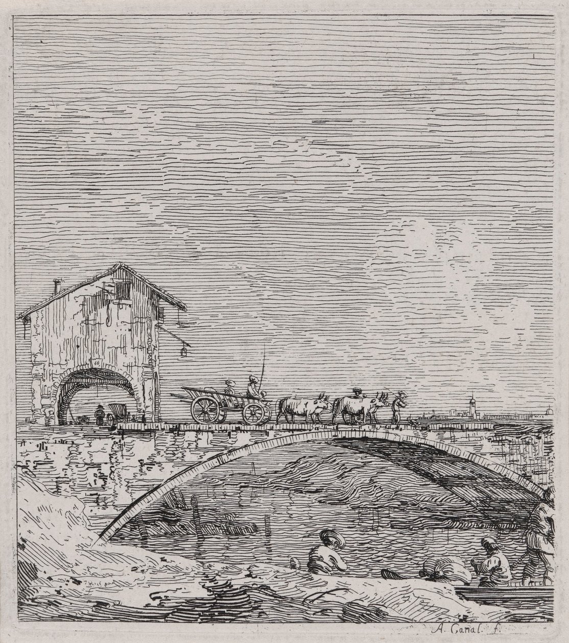 El vagón que pasa por un puente, de la serie Vedute (Vistas) de Canaletto (Giovanni Antonio Canal)