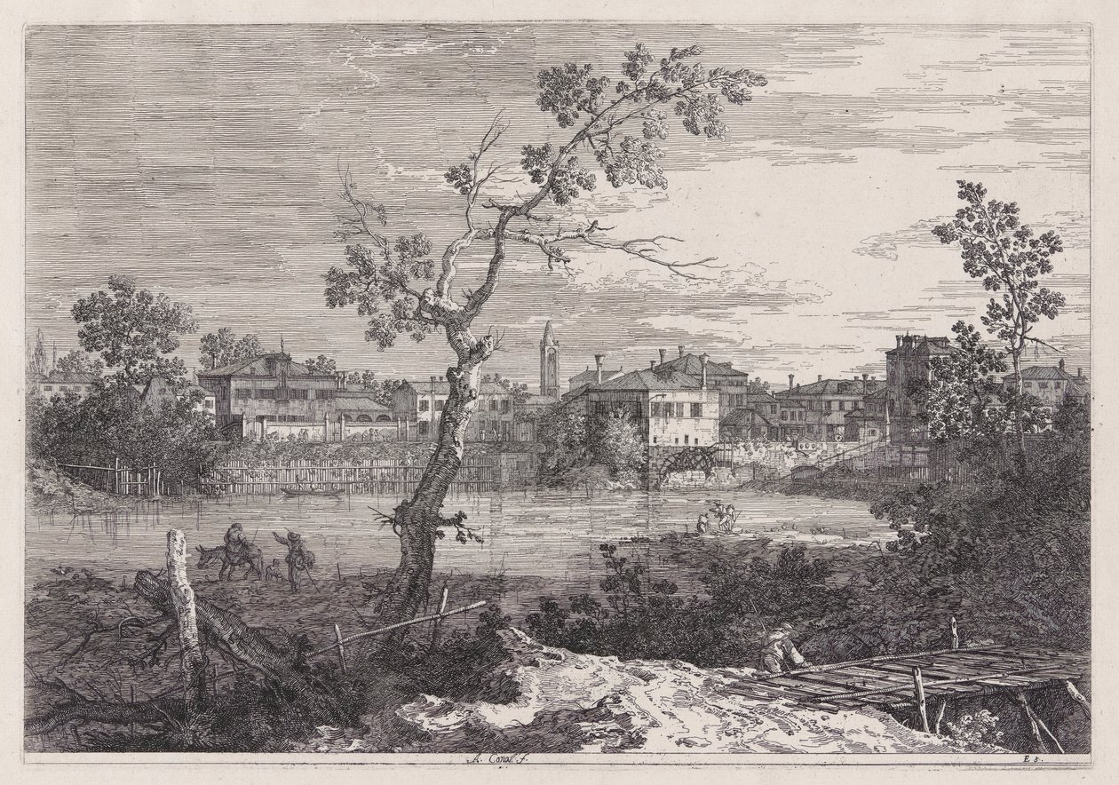 Vista de un pueblo a la orilla de un río, de la serie Vedute (Vistas) de Canaletto (Giovanni Antonio Canal)