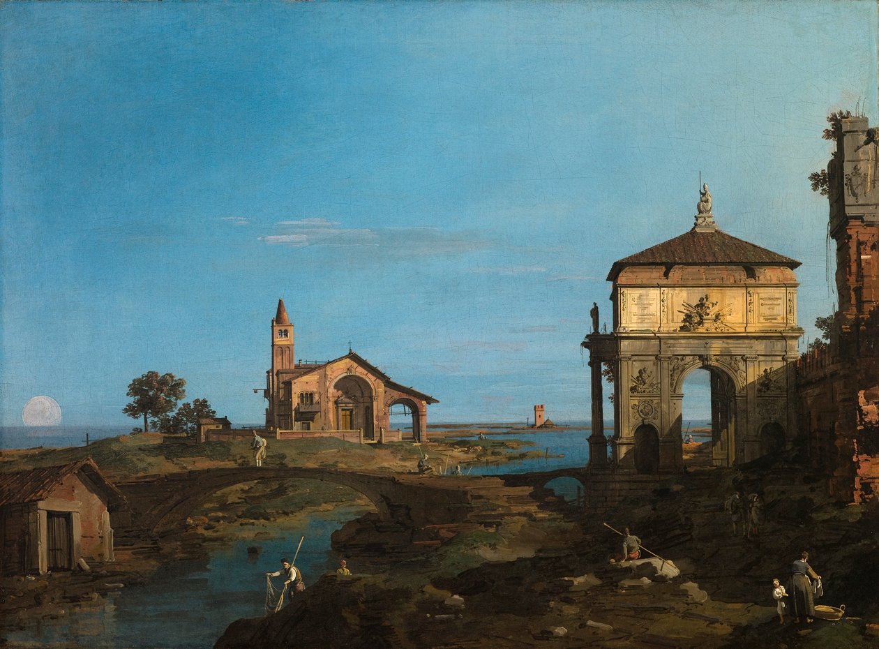 Una isla en la laguna con una puerta de entrada y una iglesia de Canaletto