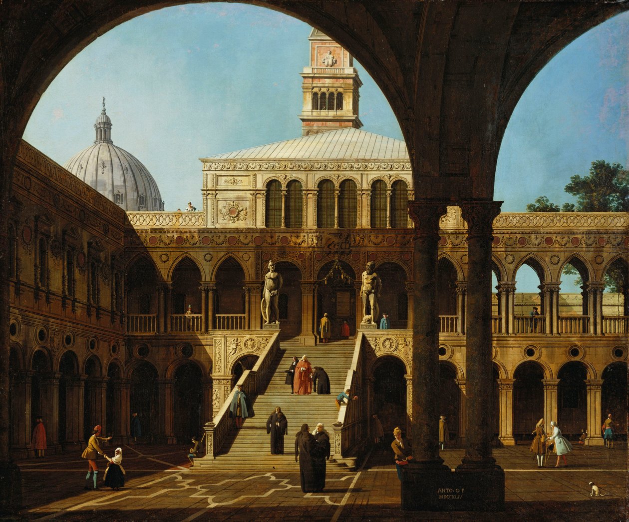 Canaletto - Capriccio Vista del Patio del Palacio Ducal con la Scala dei Giganti Firmado y fechado en 1744 de Canaletto