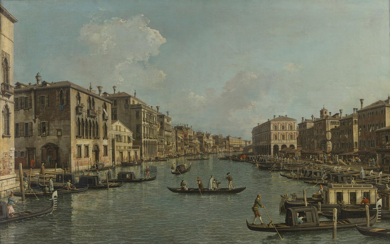 Alemán: Der Canal Grande mit Blick in südöstlicher Richtung auf die Rialtobrücke El Canal Grande con vista al sudeste hacia el puente de Rialto de Canaletto