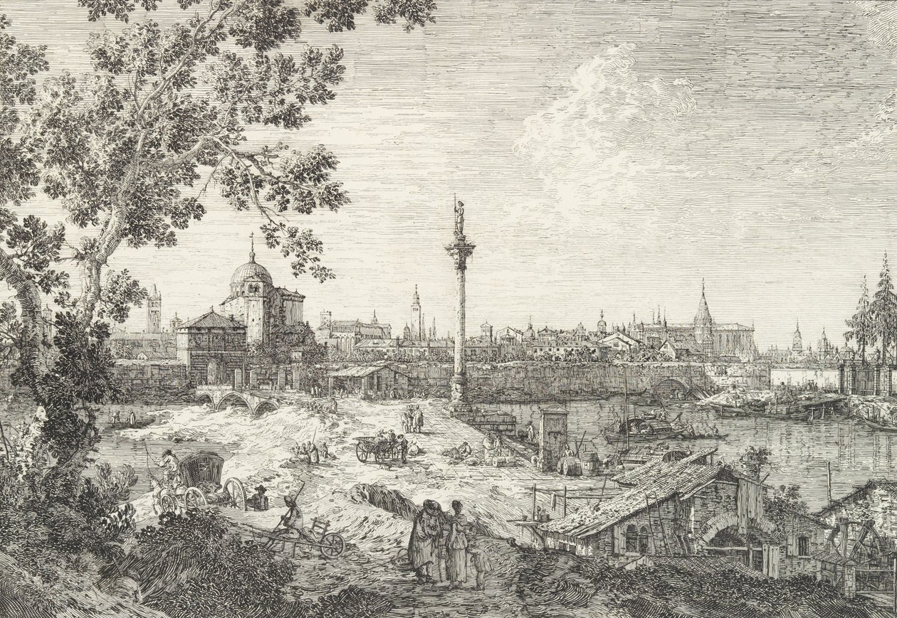 Vista Imaginaria de Padua, con un campanario y una iglesia con cúpula a la izquierda, una columna coronada, 1735-46 de Canaletto