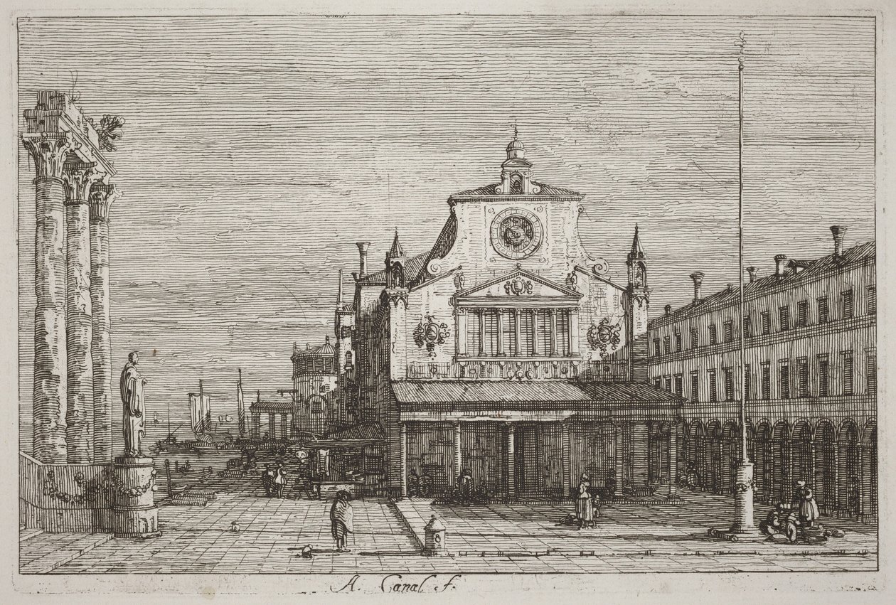 Vista imaginaria de San Giacomo di Rialto [arriba a la derecha] de Canaletto