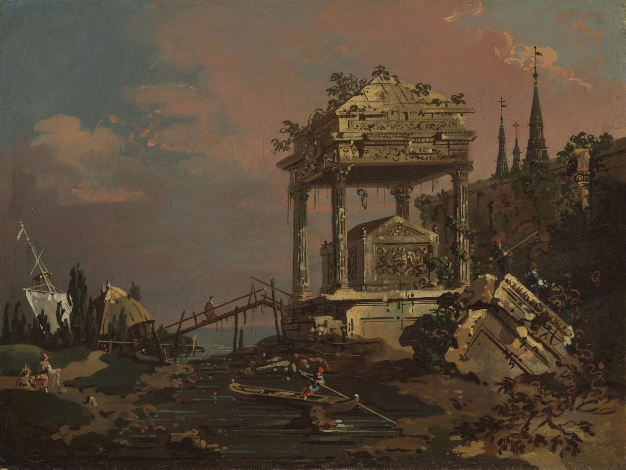 Vista imaginaria con una tumba junto a la laguna, principios de la década de 1740 de Giovanni Antonio Canal