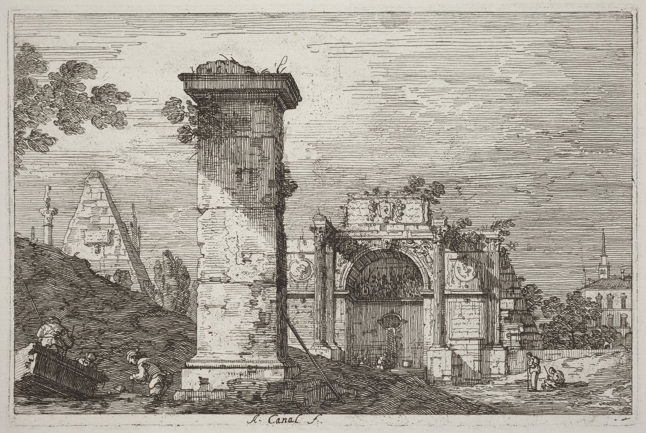 Paisaje con monumentos en ruinas [derecha] de Canaletto