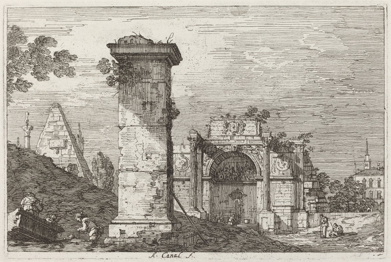 Paisaje con monumentos en ruinas [derecha] de Canaletto