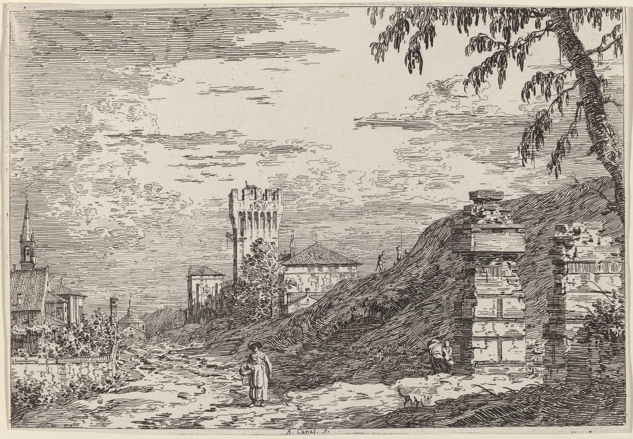 Paisaje con torre y dos pilares en ruinas de Canaletto