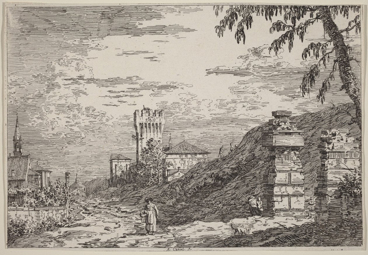 Paisaje con una torre y dos pilares en ruinas de Canaletto