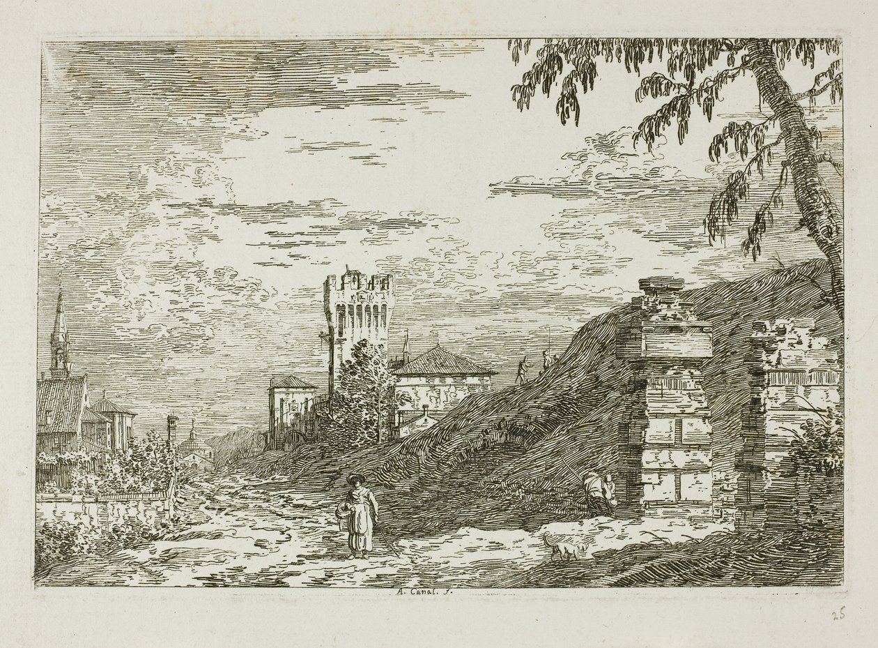 Paisaje con torre y dos pilares en ruinas, de Vedute de Canaletto