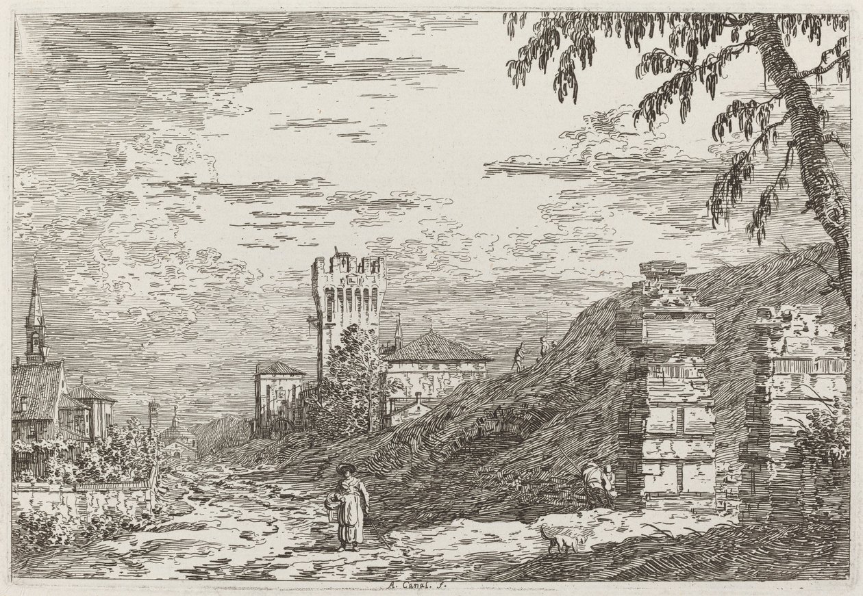 Paisaje con Torre y Dos Pilares en Ruinas (izquierda) de Canaletto