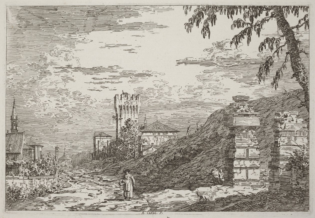 Paisaje con una torre y dos pilares en ruinas [izquierda] de Canaletto