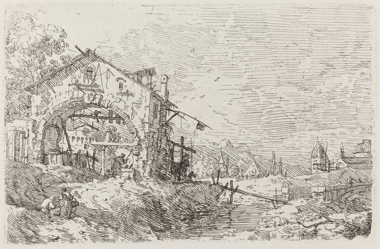 Paisaje con una Mujer en un Pozo [abajo a la izquierda], c. 1735-1746 de Canaletto