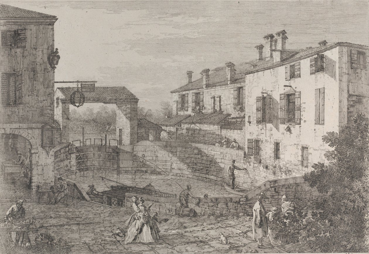 Le porte del Dolo: la cuenca ovalada de las esclusas en Dolo, con una barcaza amarrada al muelle..., 1735-46 de Canaletto