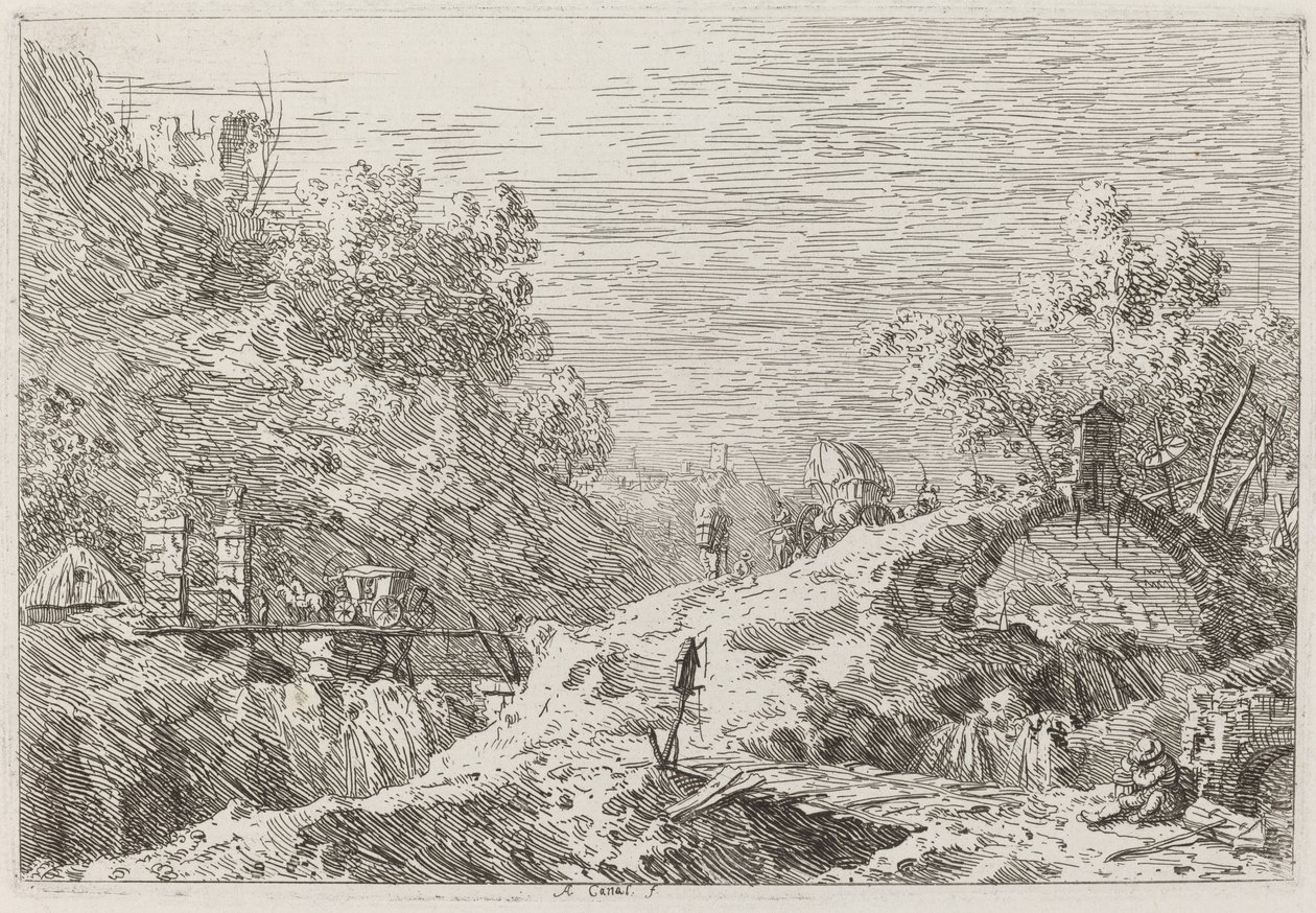 Paisaje de montaña con cinco puentes de Canaletto