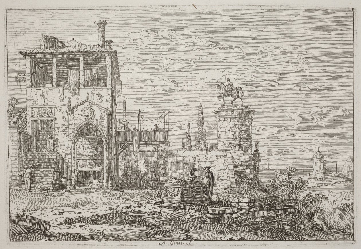 El monumento ecuestre [arriba a la derecha] de Canaletto