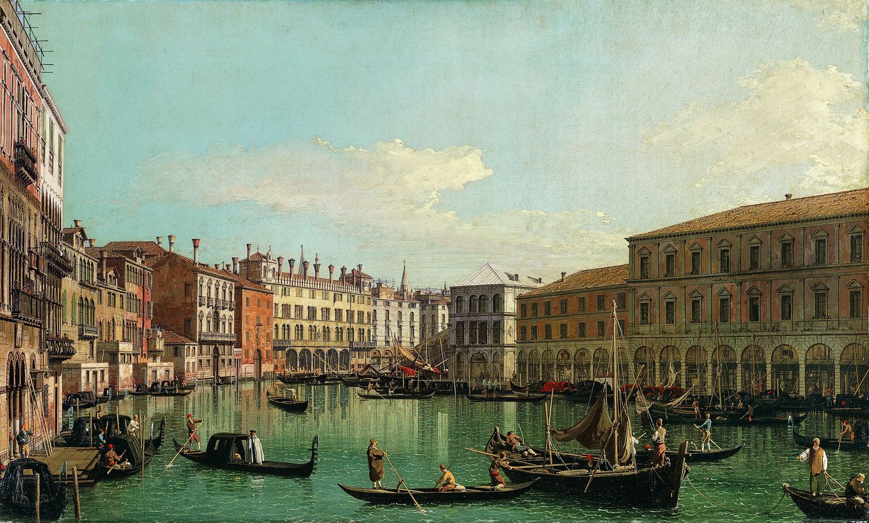 El Gran Canal, Venecia, mirando al sur hacia el Puente de Rialto, 1730s de Giovanni Antonio Canal