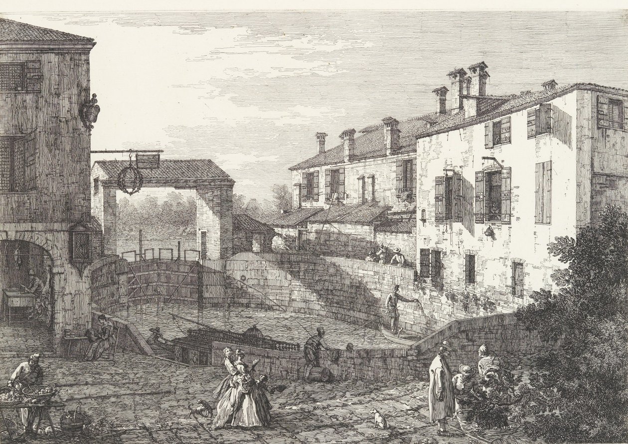 Las esclusas en Dolo, una cuenca ovalada con barcos en el centro, edificios a ambos lados, 1735-46 de Canaletto