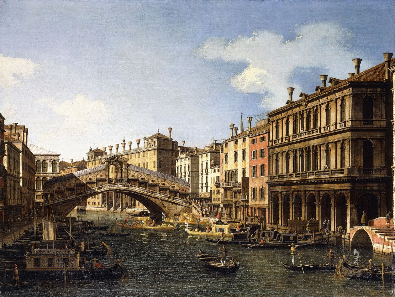 El puente de Rialto, Venecia, desde el sur con el embarque del príncipe de Sajonia durante su visita en 1740 de Giovanni Antonio Canal