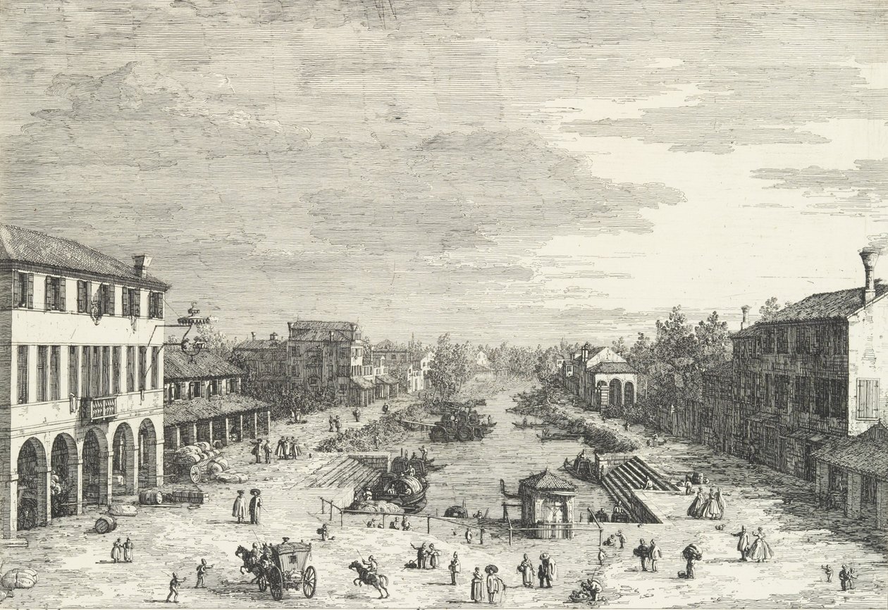 Vista de Mestre, una posada a la izquierda y otros edificios varios que bordean el canal, de 
