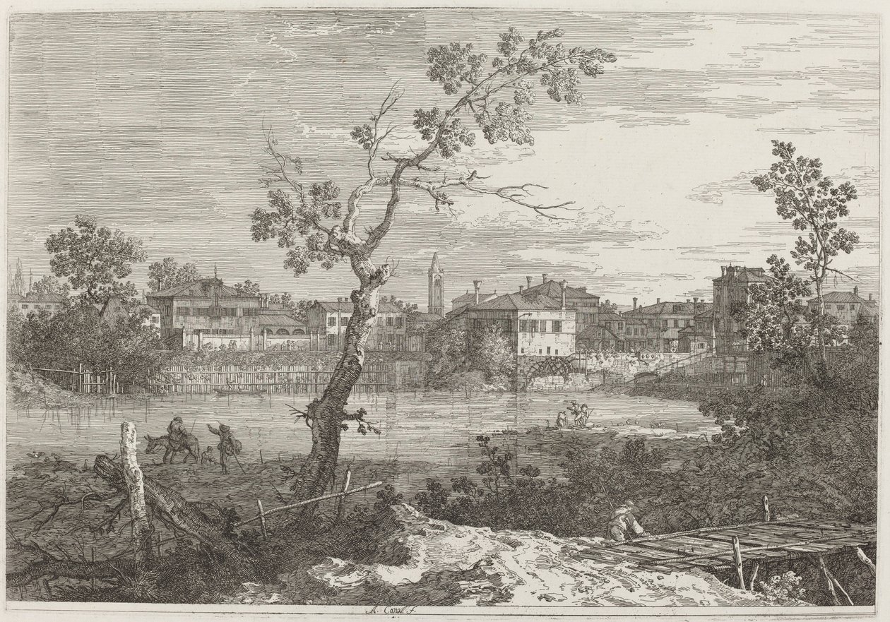 Vista de una ciudad en la orilla de un río de Canaletto