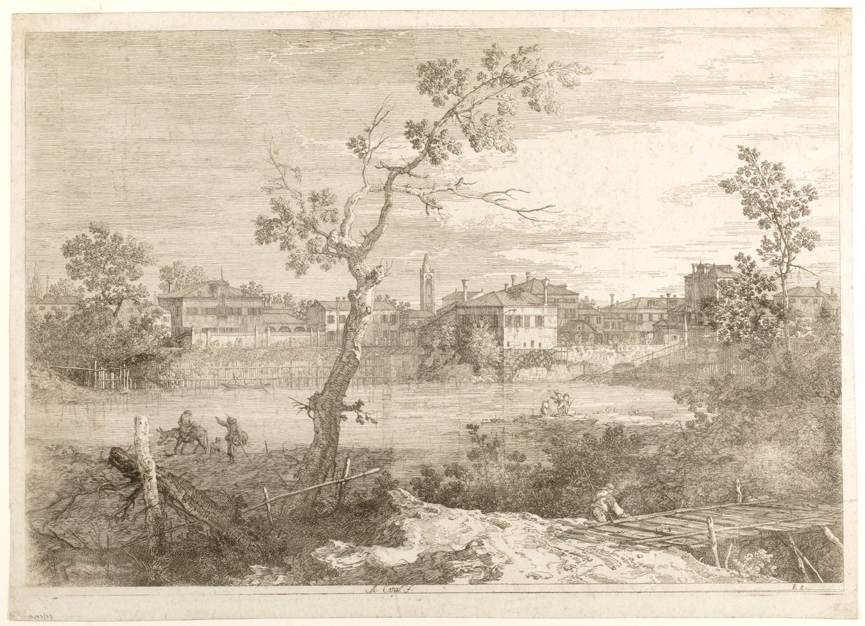 Vista de un pueblo a orillas de un río, de la serie «Vistas» de Canaletto