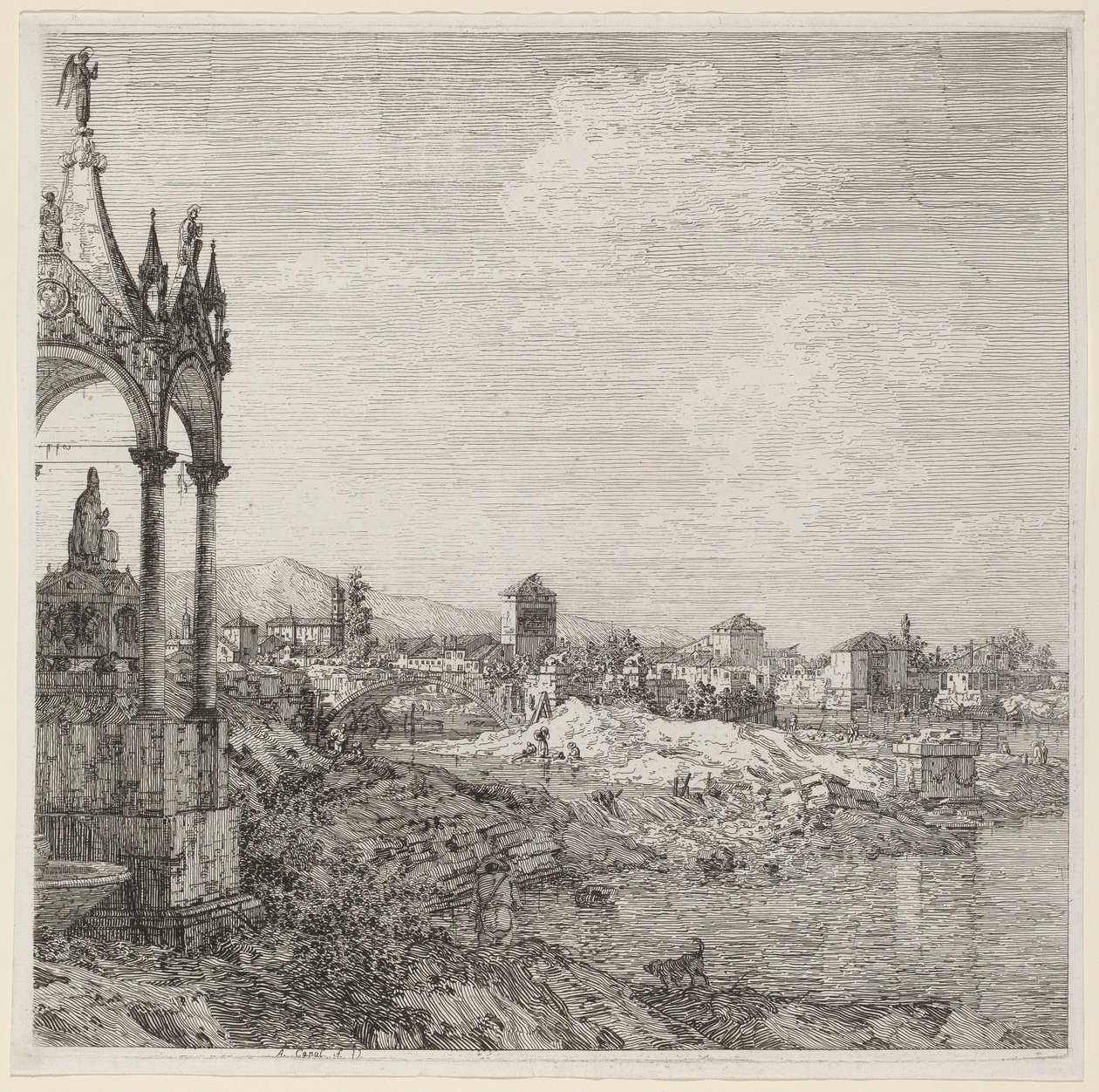 Vista de una ciudad con la tumba de un obispo de Canaletto