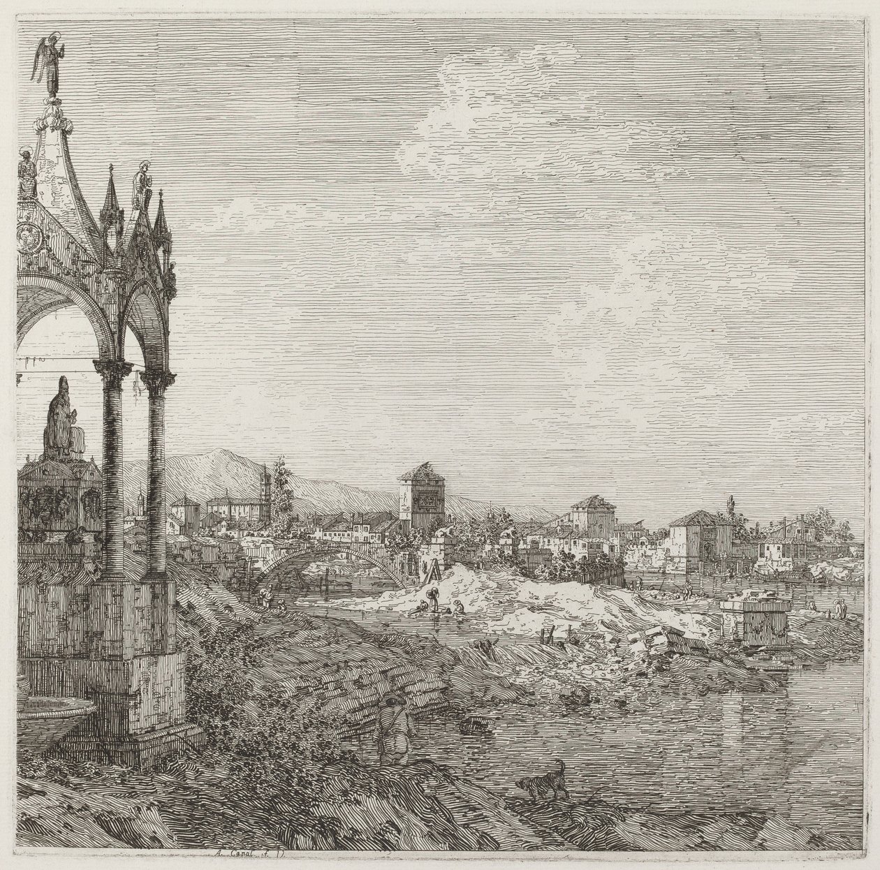 Vista de una ciudad con la tumba de un obispo de Canaletto