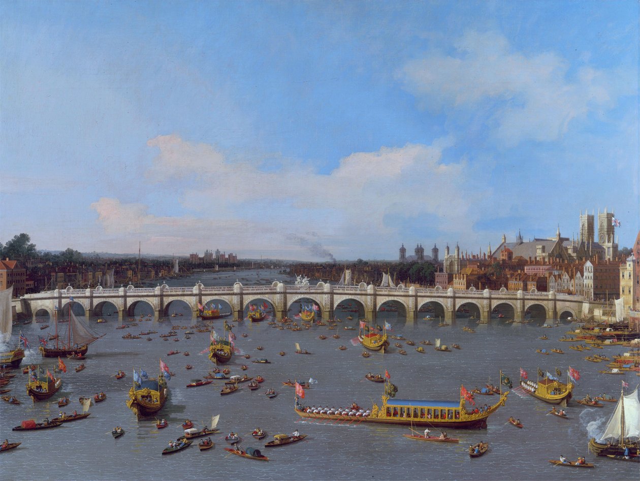Puente de Westminster, con la procesión del alcalde en el Támesis de Giovanni Antonio Canal