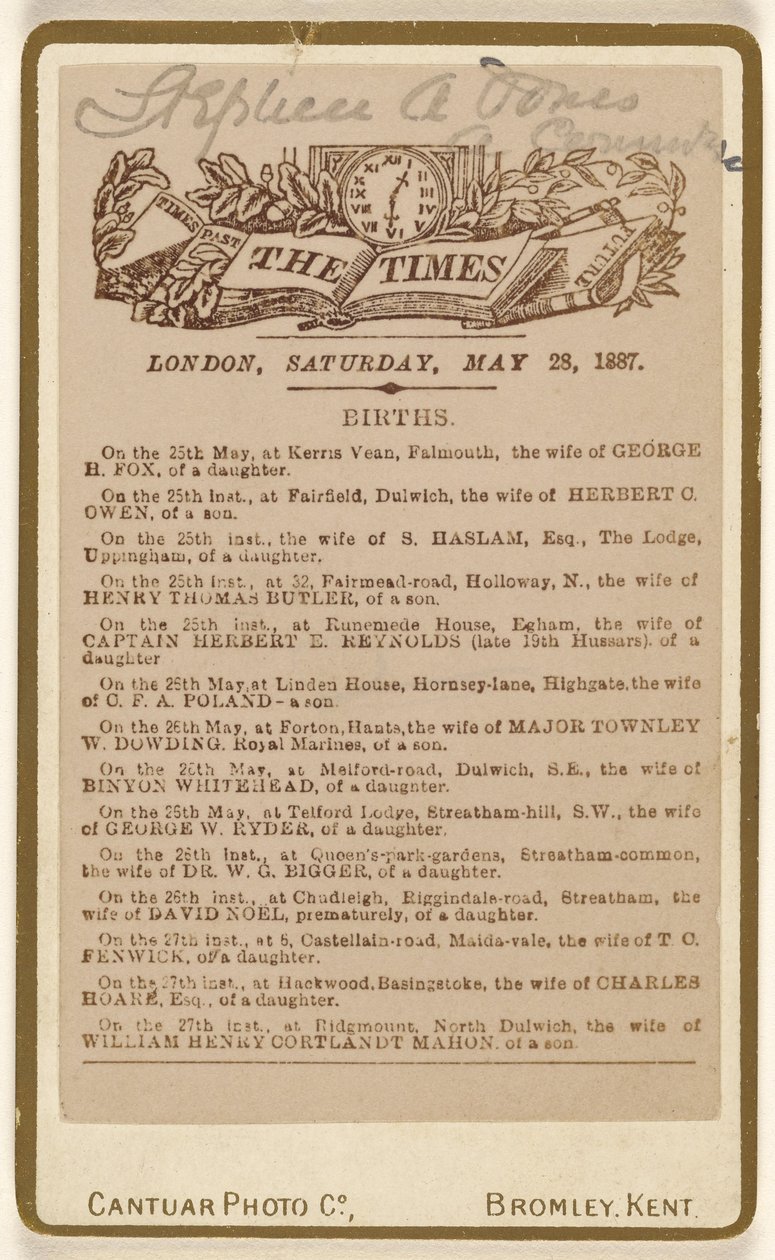 [Birth annoucement page from "The Times," London, Saturday, May 28, 1887] de Cantuar Photographic Company