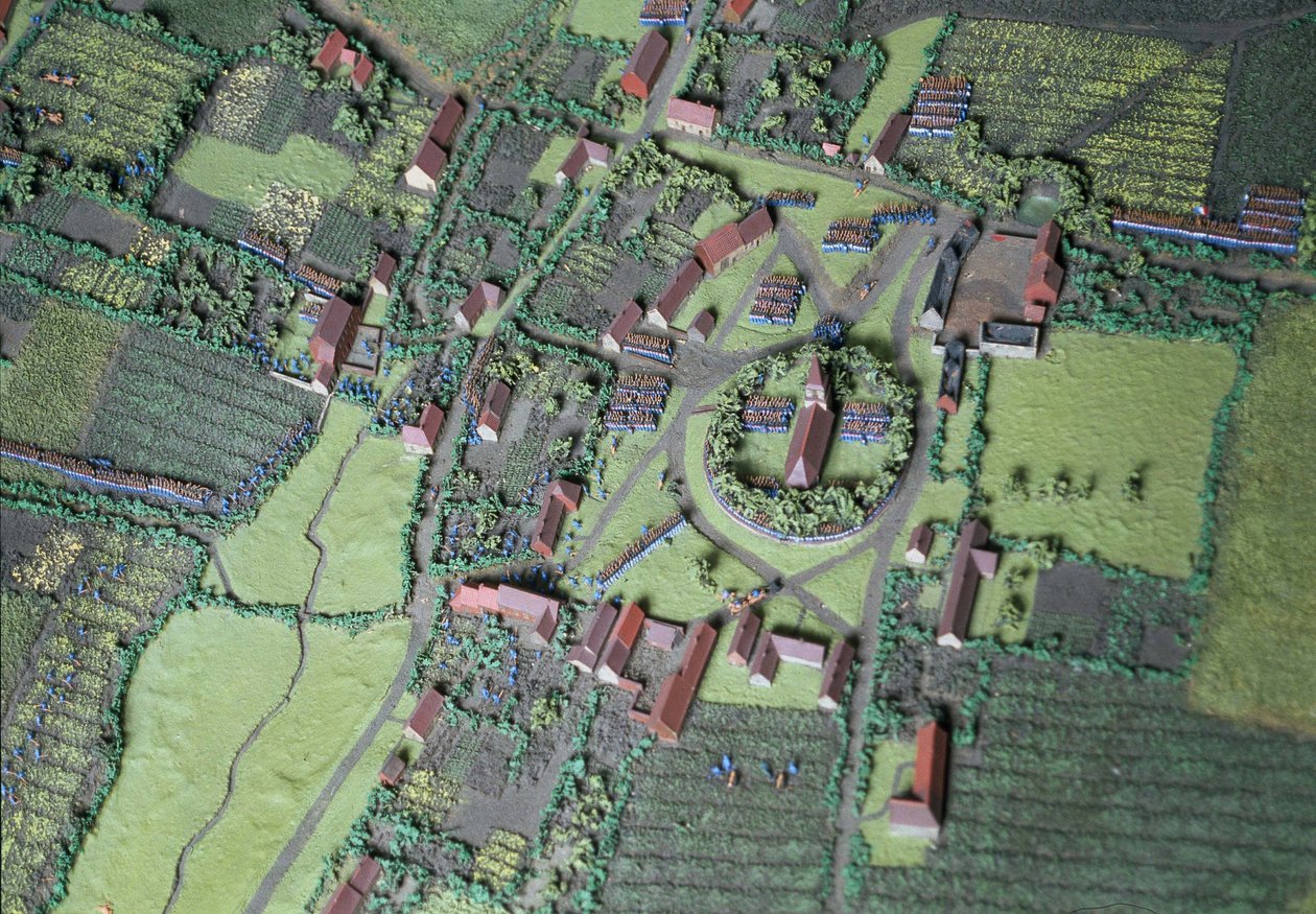 Diorama de la Batalla de Waterloo mostrando las tropas posicionadas a las 19:45 hrs del 18 de junio de 1815 (detalle) de Capt. William Siborne