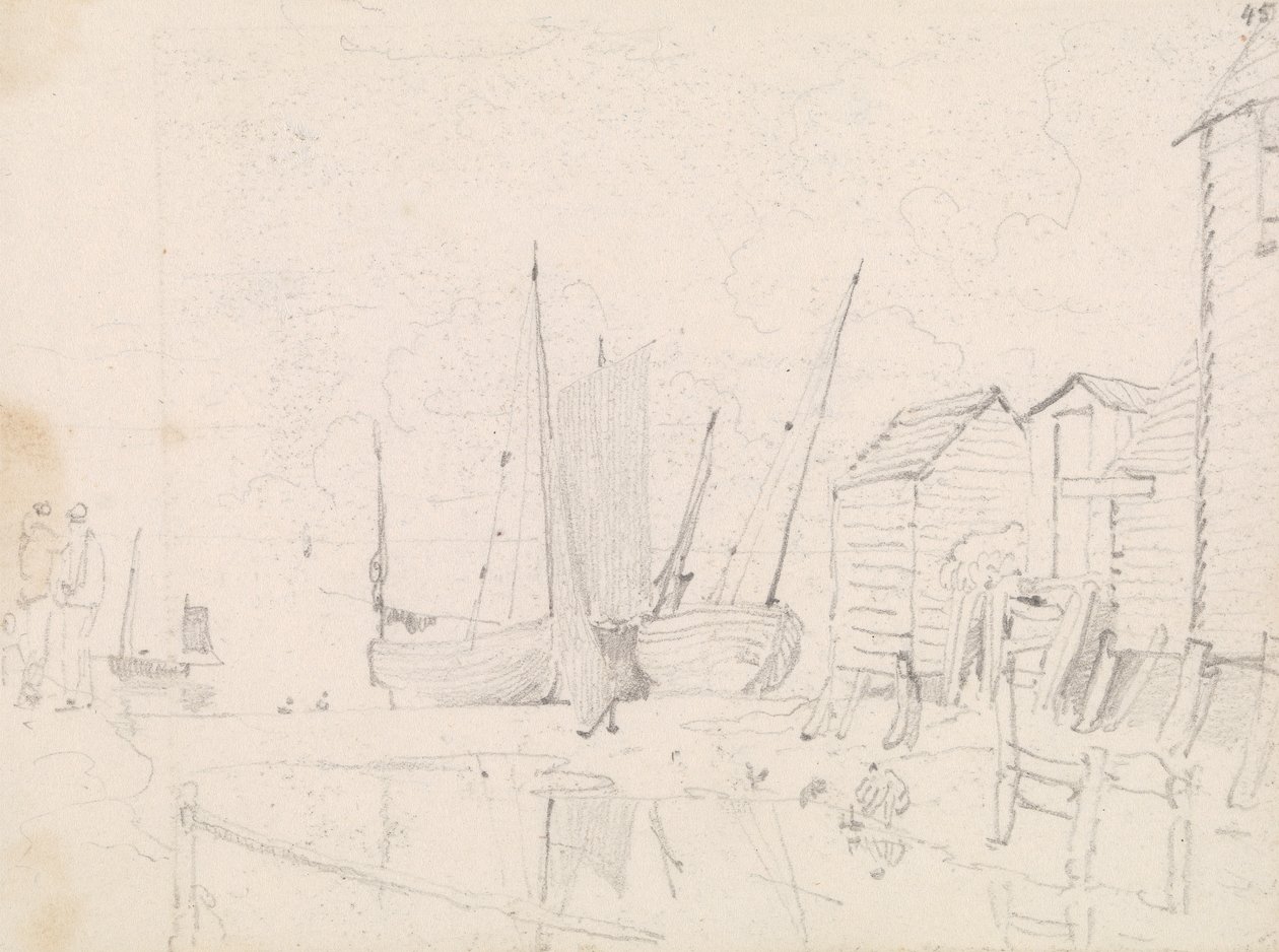 Boceto de veleros varados y casitas de zancos, Hastings de Capt. Thomas Hastings