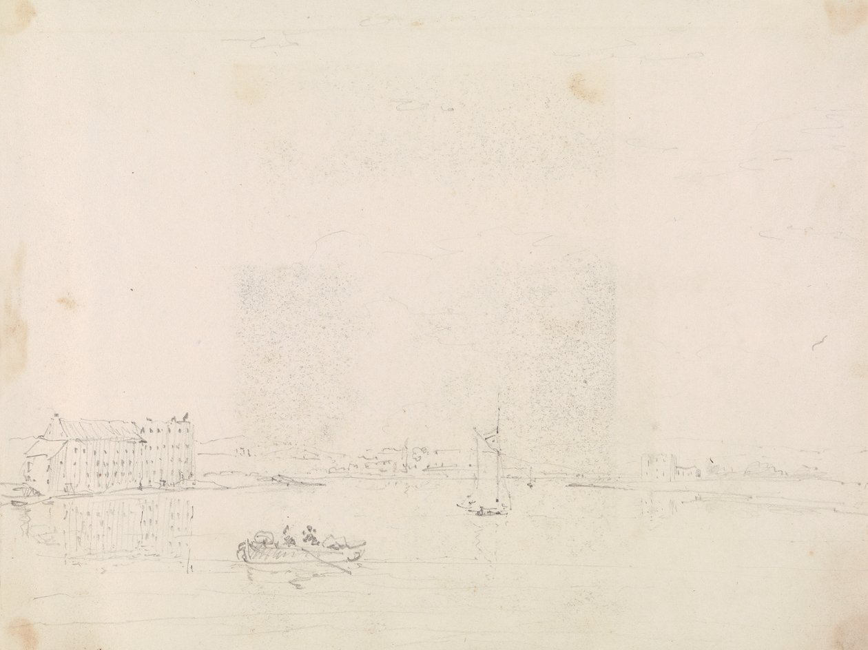 Boceto de barcos y un gran edificio, desde el otro lado del río Medina de Capt. Thomas Hastings