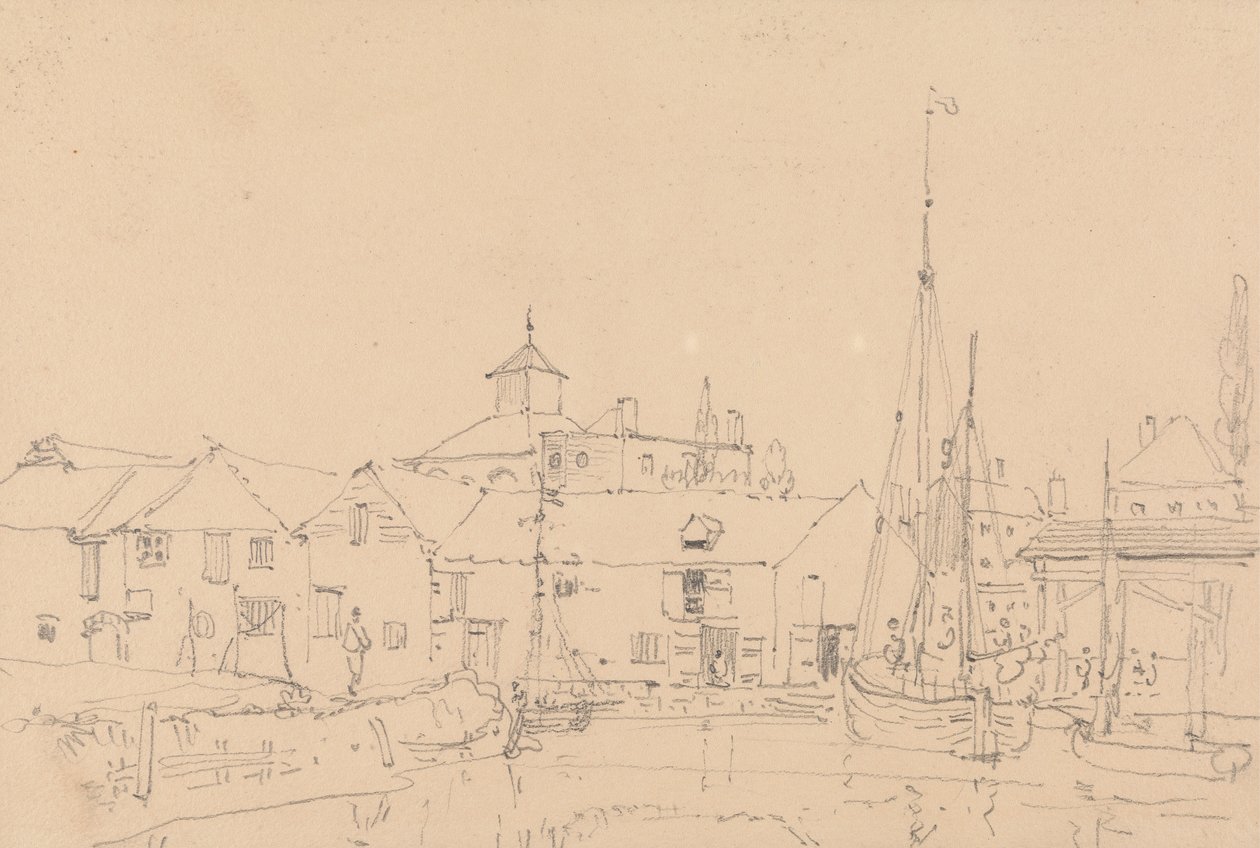 Boceto de veleros amarrados junto a un pueblo de Capt. Thomas Hastings