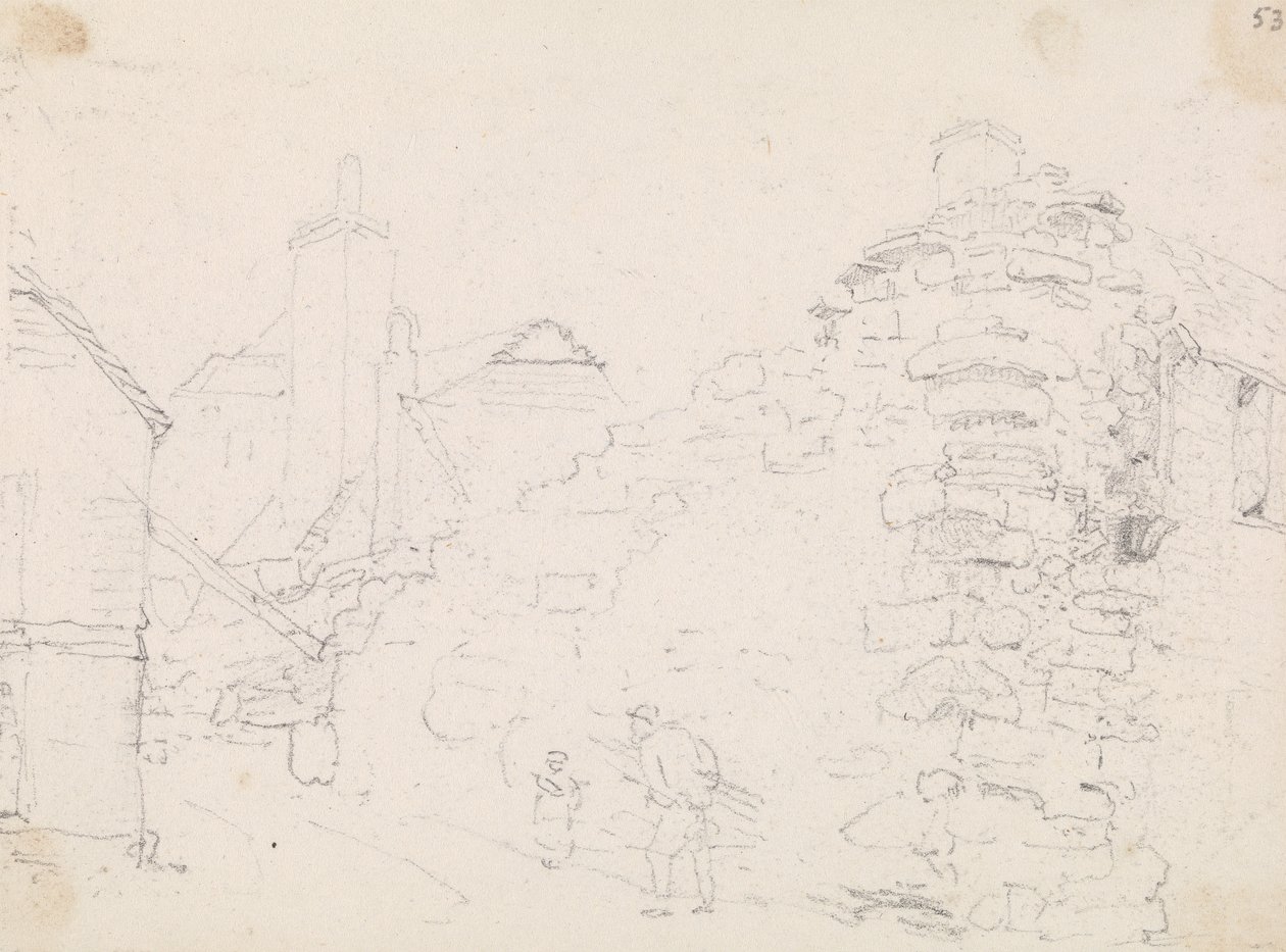 Boceto de casas de piedra en un pueblo de Capt. Thomas Hastings
