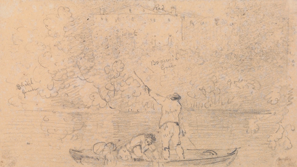 Boceto de dos hombres en una barca y una casa en la orilla de Capt. Thomas Hastings