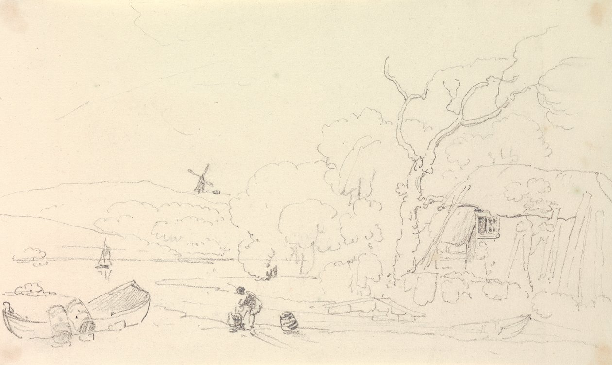 Boceto de una cabaña junto al río con un molino de viento a lo lejos de Capt. Thomas Hastings