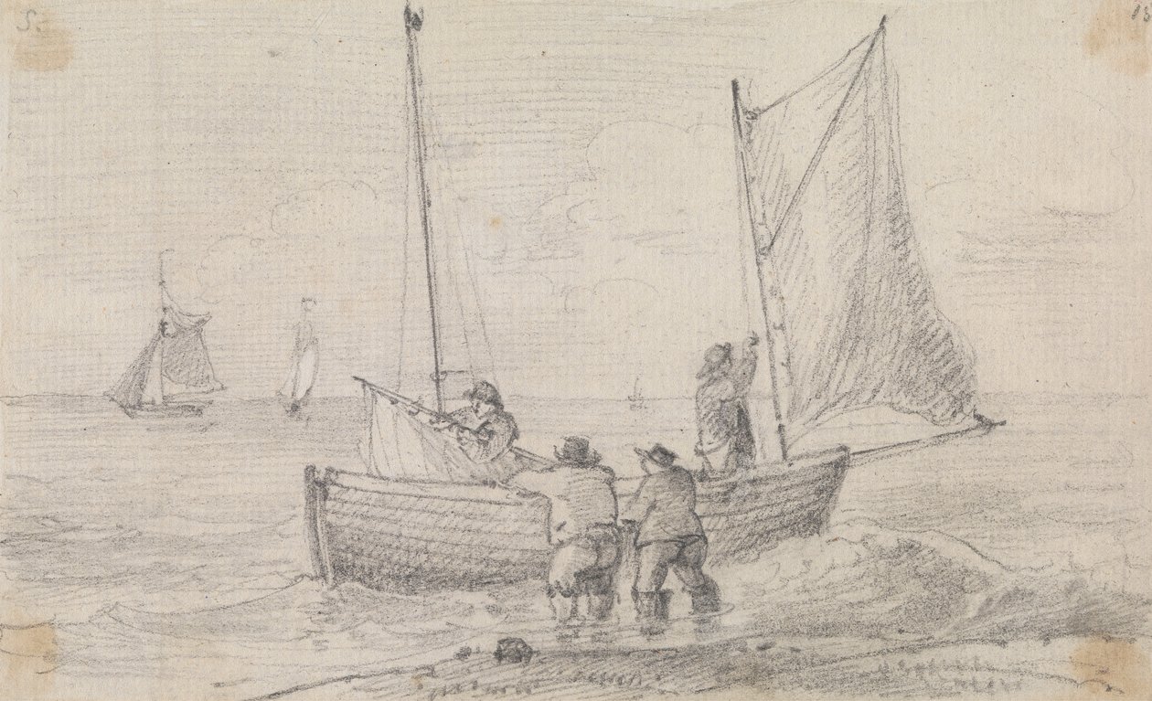 Boceto de un grupo preparando las velas cerca de la orilla, Hastings de Capt. Thomas Hastings