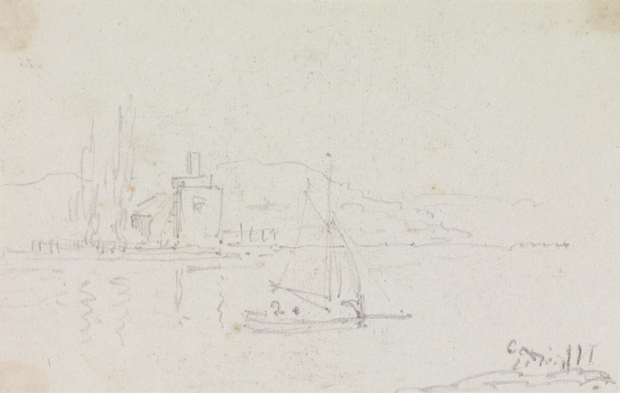 Boceto de un velero y un edificio en la orilla de Capt. Thomas Hastings