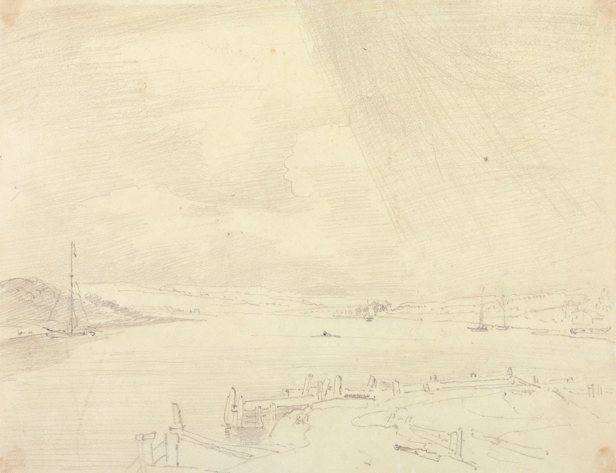 Boceto de un paisaje costero con muelle en primer plano, Isla de Wight de Capt. Thomas Hastings