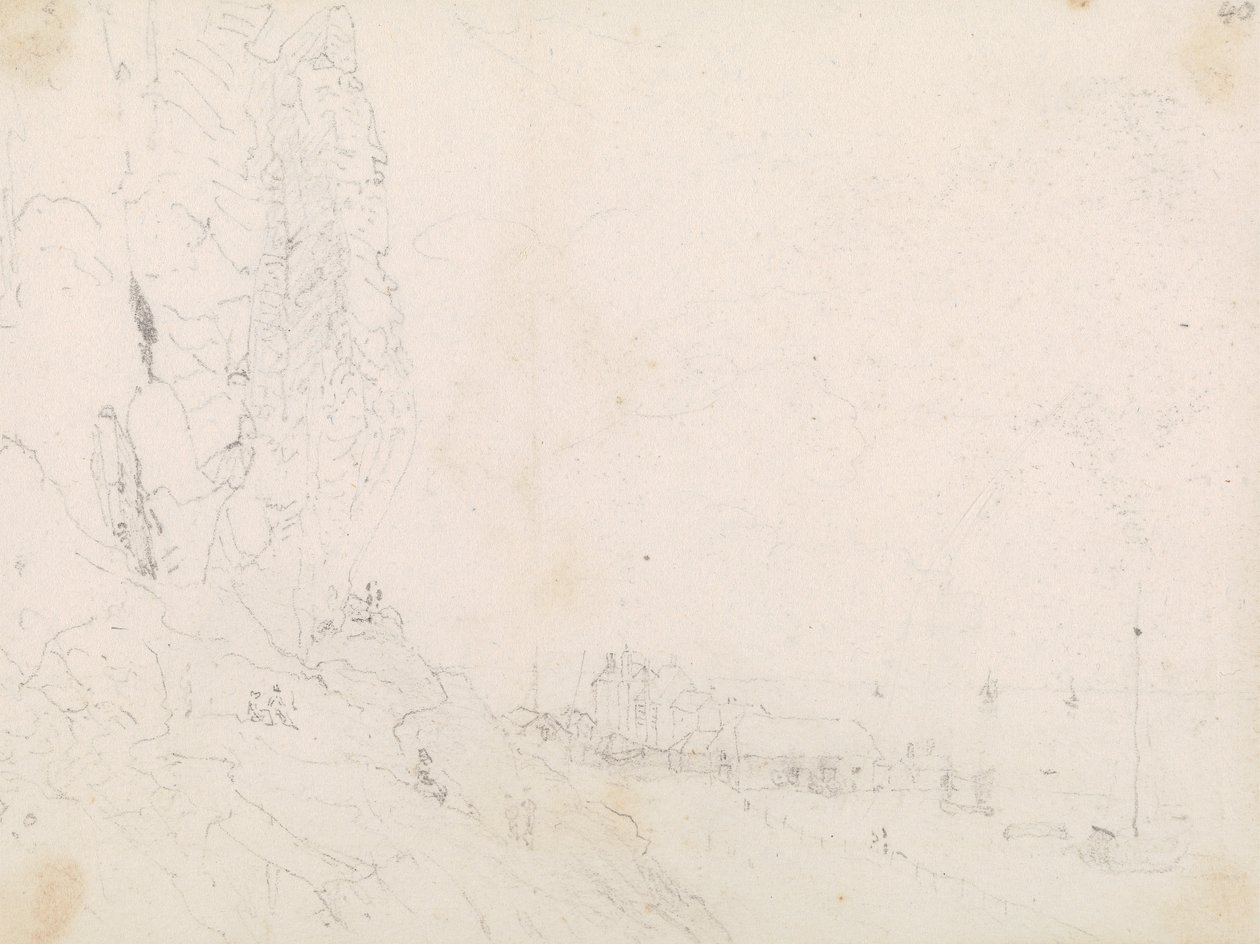 Boceto de un pueblo costero cerca de un acantilado de Capt. Thomas Hastings