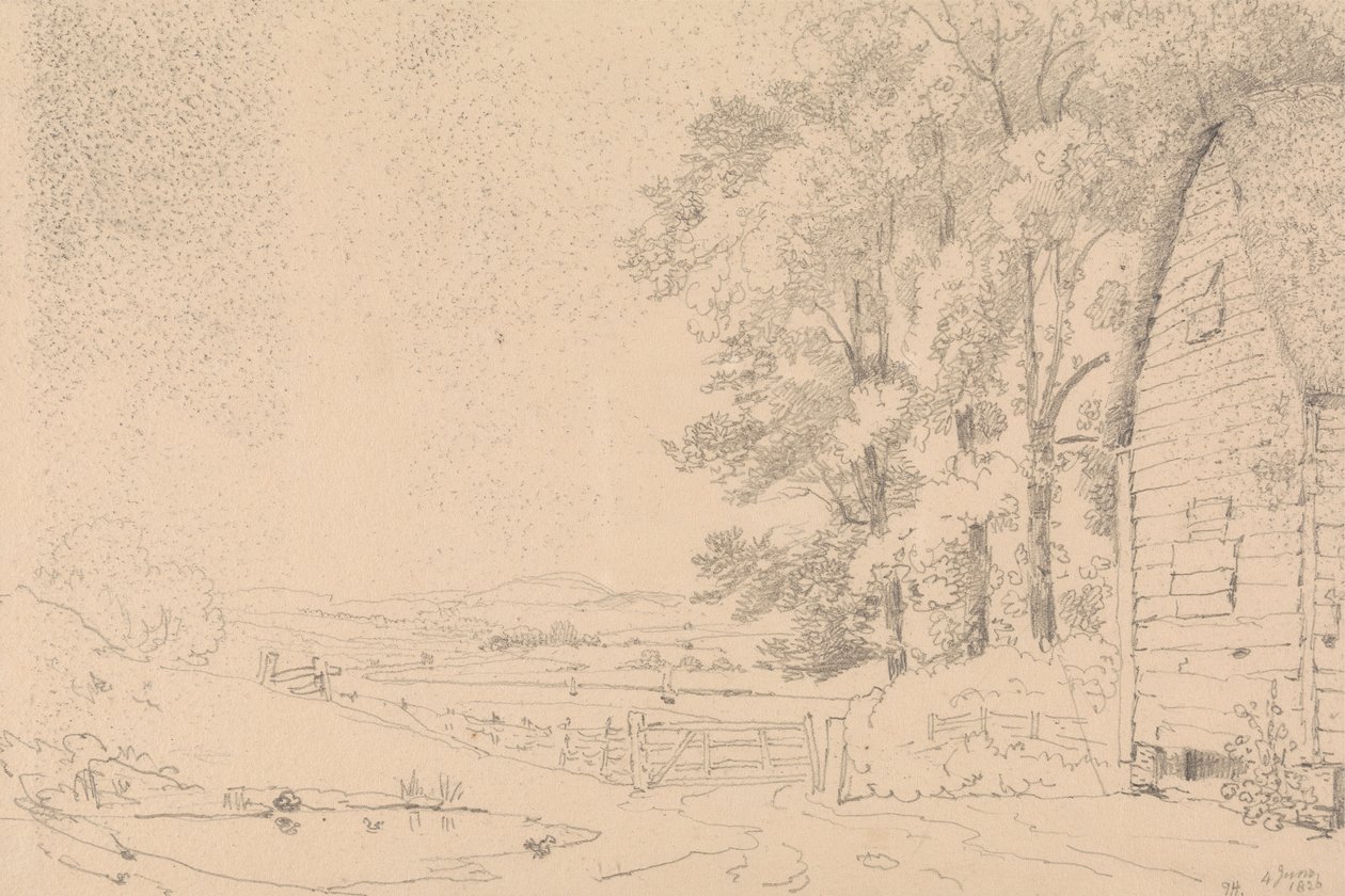 Boceto de un edificio con tejado de paja y un río más allá de Capt. Thomas Hastings