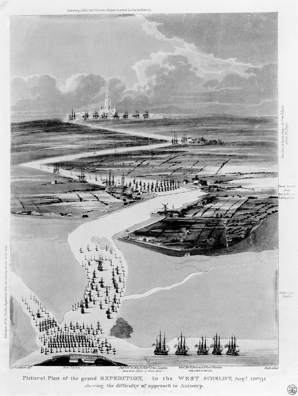 Plano pictórico de la Gran Expedición en el Escalda Occidental, agosto de 1809, mostrando la dificultad de acercarse a Amberes, grabado por Clark de Captain Cockburn