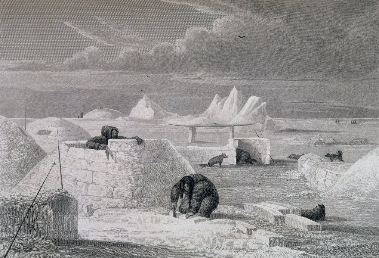 Eskimales construyendo una cabaña de nieve, del 