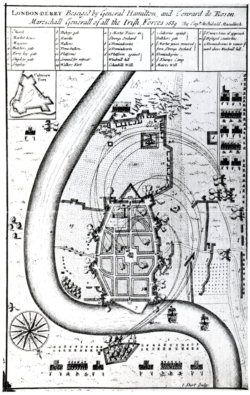 Londonderry sitiada por el General Hamilton y Conrad de Rosen, grabado por J. Sturt, 1689 de Captain Archibald Maculloch