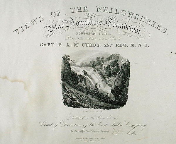 La catarata del alce, Dimhutty, página de título para Vista de los Neilgherries, o Montañas Azules de Coimbetoor, India del Sur por el Capitán McCurdy, publicado en 1830 de Captain E. A. after McCurdy