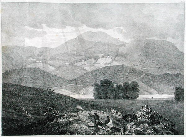 Vista de parte del lago y cabañas en Ottacamund, montañas de Neelgherry, lámina 3 de Vista de los Neilgherries, o Montañas Azules de Coimbetoor, India del Sur por el Capitán McCurdy, publicado en 1830 de Captain E. A. after McCurdy