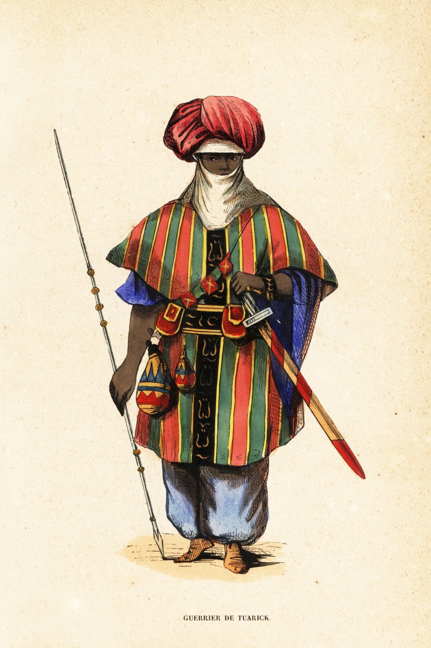 Guerrero tuareg noble de Agadez, Níger, con tagelmust (turbante y velo), taktkat (camisa) y akarbey (pantalones) de Captain George Francis (after) Lyon